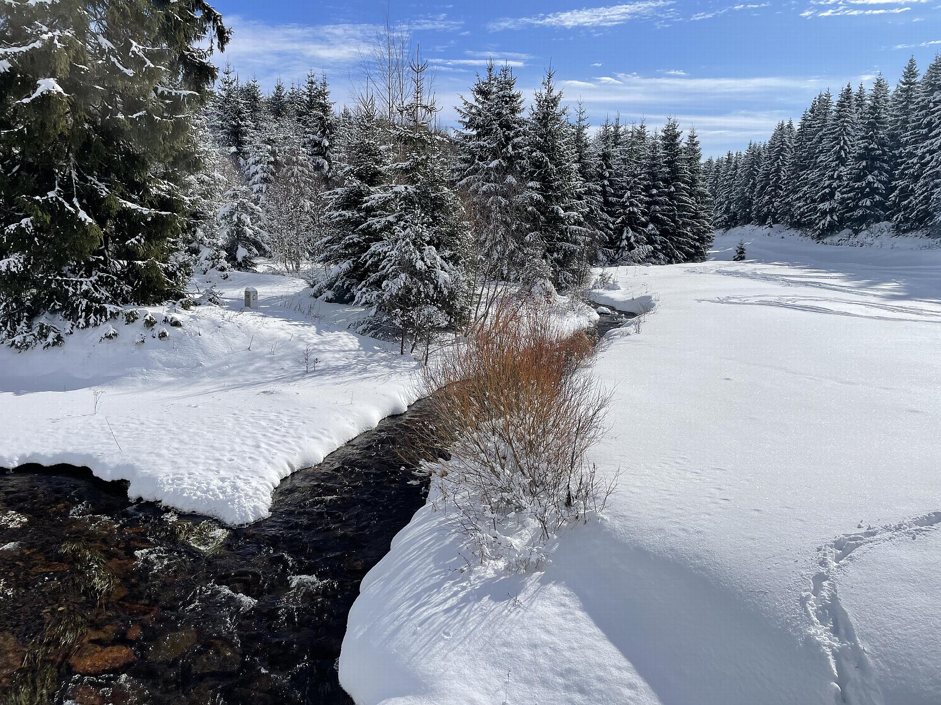 Snowy landscape in the Ore Mountains in the sunshine