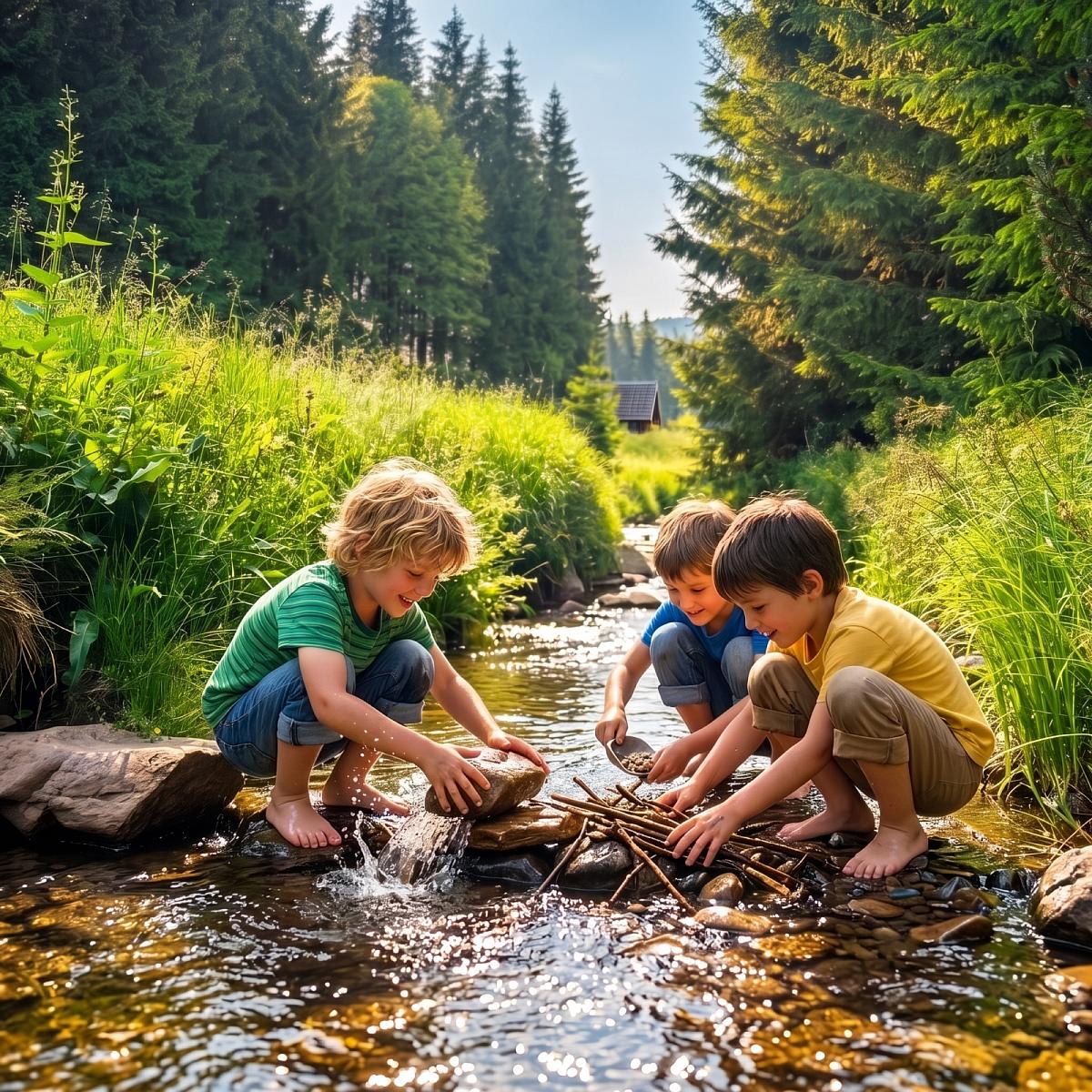 Planschen, Staudamm bauen u.vm. - am Fluss gibt es viel zu erleben (Symbolbild, KI-generiert)