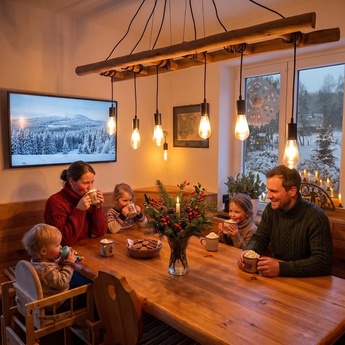 Gemütlicher Nachmittag in der Ferienwohnung nach dem Rodeln – Ferienwohnungen Rehefeld-Zaunhaus (Symbolbild, KI-generiert)