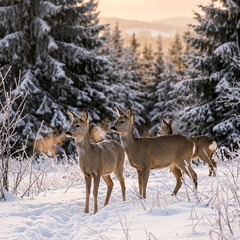 Rehe auf Winterwiese – Ferienwohnungen Rehefeld-Zaunhaus (Symbolbild, KI-generiert)